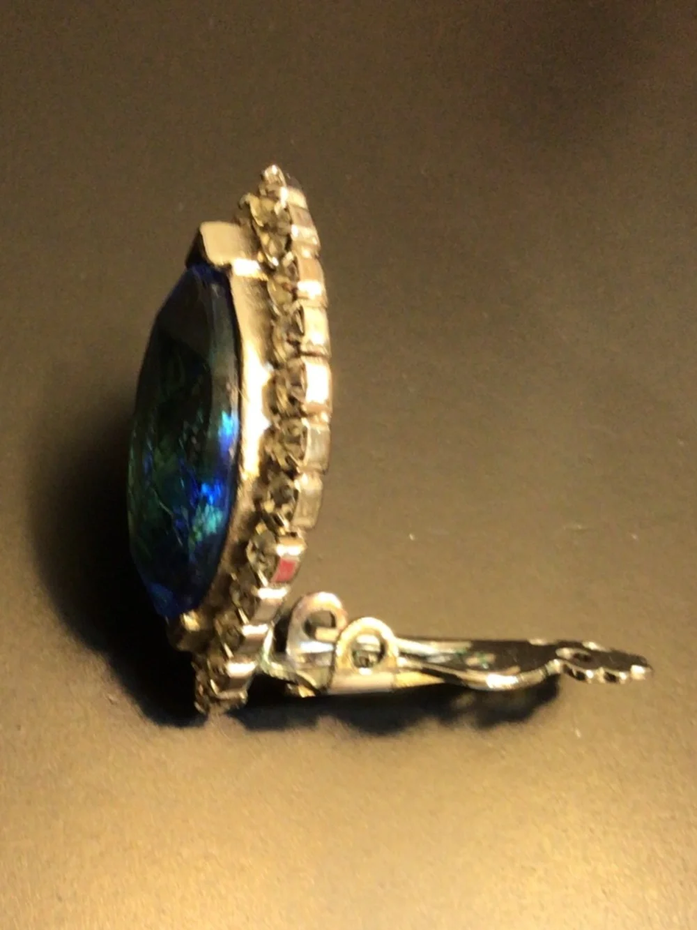 Vintage Mid-century Clip-on Earrings Blue Navette Stones Clear Rhinestones